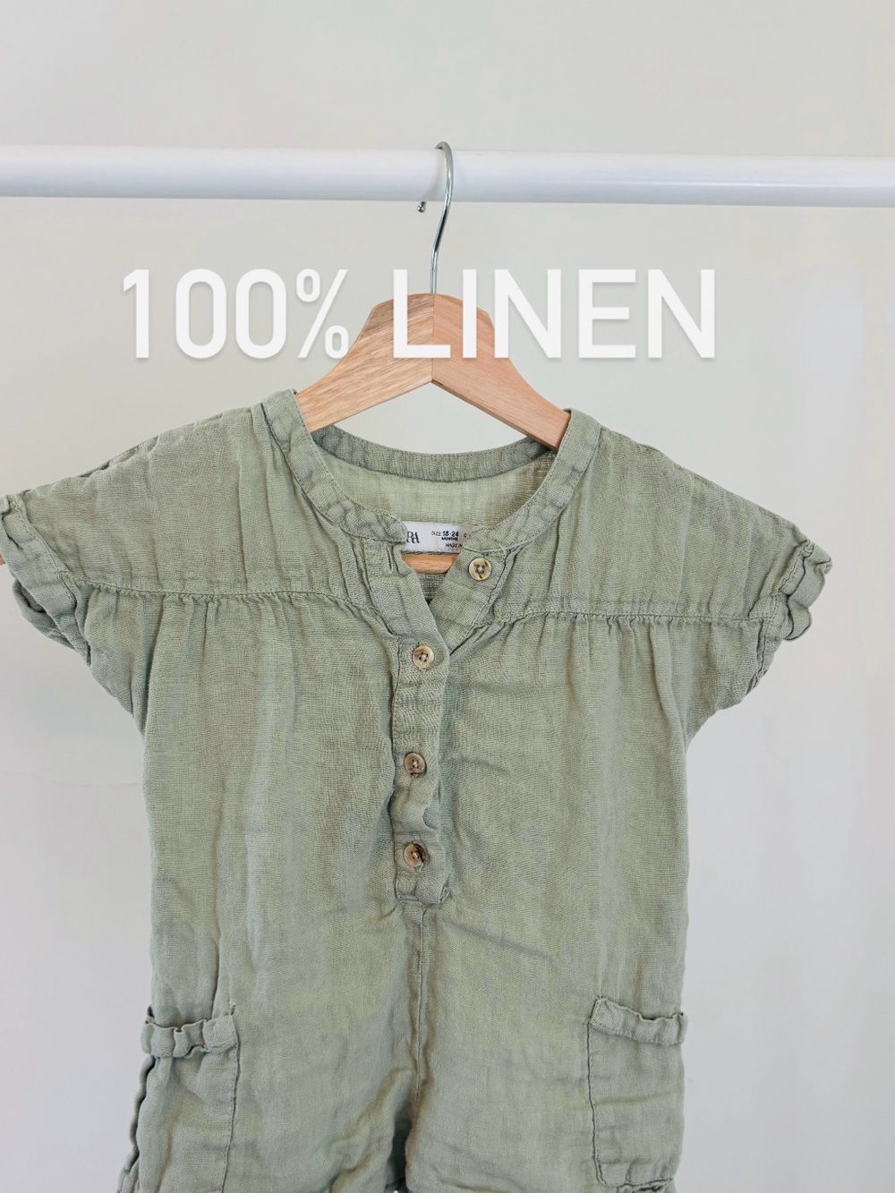 Zara Kids Short-Sleeve Romper in Sage Green | 100% Linen | 18-24 months